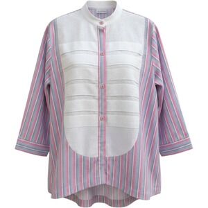 Loraincroft Pink Blue Striped Pleated‎ Bib Mandarin Collar Blouse Medium